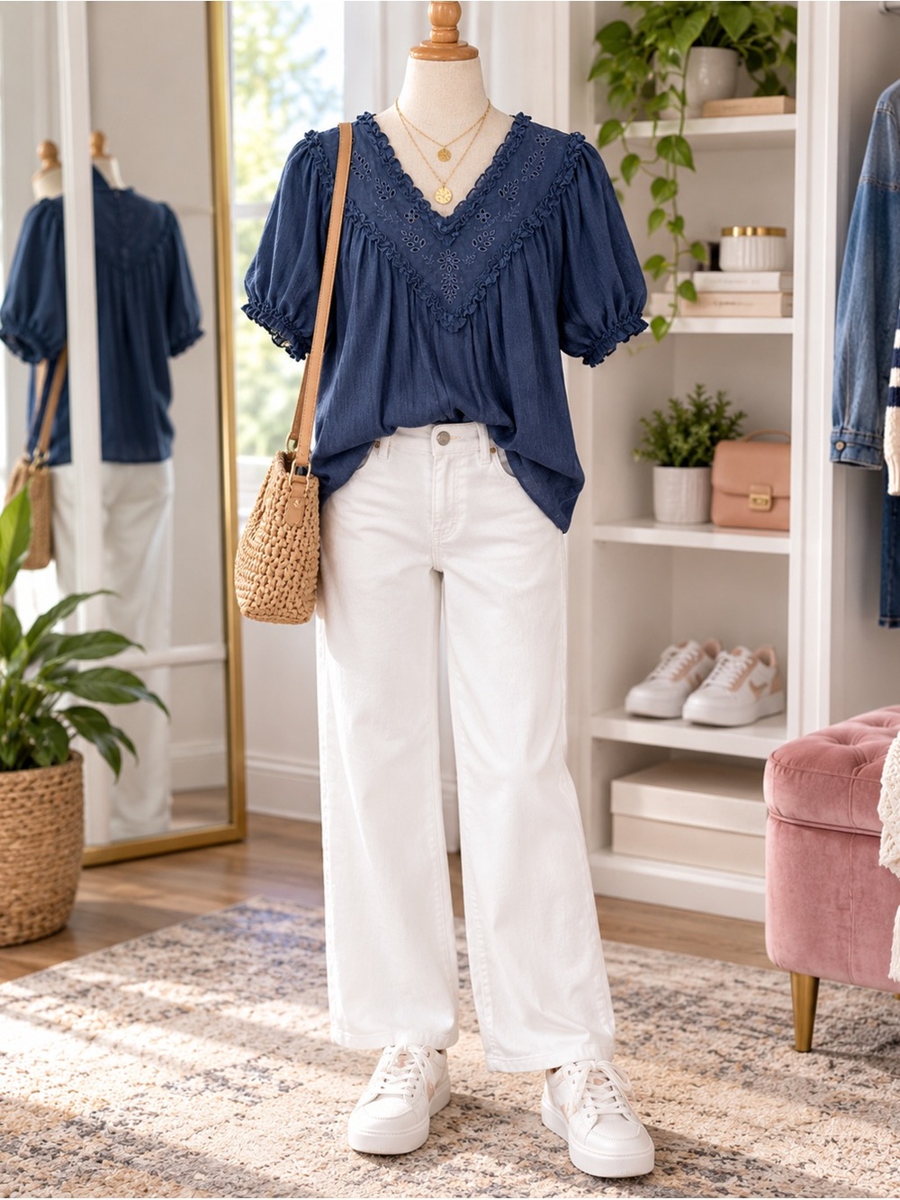 Old Navy Navy Blue Eyelet Blouse